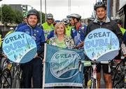 13 September 2015; The Irish Sports Council, in conjunction with Cycling Ireland teamed up with the Department of Transport, Tourism and Sport, Dublin City Council and Healthy Ireland for the Great Dublin Bike Ride which seen over 3,000 participants of all abilities from novice to expert ride 60km or 100km routes. Pictured, from left to right, Paschal Donohoe TD, Minister for Transport, Tourism and Sport, Lord Mayor of Dublin Críona Ní Dhálaigh and Leo Varadkar TD, Minister for Health. The Great Dublin Bike Ride. Smithfield Square, Dublin. Picture credit: Seb Daly / SPORTSFILE