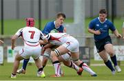 12 September 2015; Cormac Daly, Leinster, is tackled by Joseph Dunleavey, Ulster. Clubs Interprovincial Rugby Championship, Round 2, Ulster v Leinster, U18 Clubs, Rainey RFC, Magherafelt, Derry. Picture credit: Oliver McVeigh / SPORTSFILE