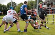 12 September 2015; Keelan McKeever, Leinster, puts his foot in touch before scoring a try. Clubs Interprovincial Rugby Championship, Round 2, Ulster v Leinster, U18 Clubs, Rainey RFC, Magherafelt, Derry. Picture credit: Oliver McVeigh / SPORTSFILE