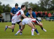 12 September 2015; Cormac Daly, Leinster, is tackled by Michael Savage and Daniel Faulkner, Ulster. Clubs Interprovincial Rugby Championship, Round 2, Ulster v Leinster, U18 Clubs, Rainey RFC, Magherafelt, Derry. Picture credit: Oliver McVeigh / SPORTSFILE