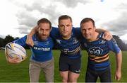 16 September 2015; Bank of Ireland is once again opening up its sponsorships of the Munster and Leinster rugby teams to businesses throughout Ireland to compete in its third ‘Sponsor for a Day’ competition and win the right to have their company logo displayed on the Munster and Leinster players’ jerseys during a high profile European Rugby Champions Cup match in front of a large live and TV audience. The full prize includes – the winners company logo on the front of the jerseys; pitch signage; corporate hospitality for ten guests; match programme advert; photographs with the team; promotion for your business from Bank of Ireland and Munster/ Leinster Rugby through press and media for all shortlisted companies and winners. The selected games be home Leinster and Munster matches that will be broadcast live on SKY. Pictured at the  launch of Bank of Ireland’s rugby Sponsor for a Day Competition 2015 are Leinster's Jamie Heslip with Nigel Gahan, Sales Director, Gahan Meats, left, and Marc O’Dwyer, Owner, Big Red Cloud. Wanderers Rugby Club, Merrion Road, Dublin. Picture credit: Stephen McCarthy / SPORTSFILE