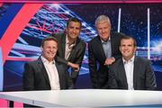 16 September 2015; With just hours to go until the biggest sporting event this year gets underway, TV3 today unveiled its RWC 2015 set. All 48 games will be Live and Exclusive on TV3 and 3e. Pictured on the RWC 2015 set is TV3 RWC 2015 presenter Tommy Martin, second from left, with panelists, from left, Malcolm O'Kelly, Shane Jennings and Matt Williams. TV3 HD Studio, Ballymount, Dublin. Picture credit: Stephen McCarthy / SPORTSFILE