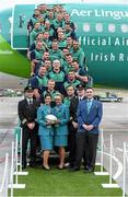 16 September 2015; Ireland players and Aer Lingus staff at Dublin Airport ahead of Ireland's departure for the 2015 Rugby World Cup. Terminal 2, Dublin Airport, Dublin. Picture credit: Stephen McCarthy / SPORTSFILE