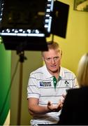 17 September 2015; Ireland head coach Joe Schmidt is interviewed by TV3 during an Ireland team press conference. Marriott Hotel, Cardiff, Wales. Picture credit: Brendan Moran / SPORTSFILE