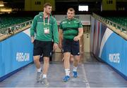 18 September 2015; Ireland players Robbie Henshaw, left, and Jack McGrath make their way onto the pitch ahead of the captain's run. Ireland Rugby Squad Captain's Run, 2015 Rugby World Cup. Millennium Stadium, Cardiff, Wales. Picture credit: Brendan Moran / SPORTSFILE