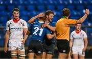 18 September 2015; Nick Peters, 21, is congratulated by his Leinster team-mate Matt Byrne, right, after scoring his side's fourth try. U20 Interprovincial Rugby Championship, Round 3, Leinster v Ulster. Donnybrook Stadium, Donnybrook, Dublin. Picture credit: Stephen McCarthy / SPORTSFILE
