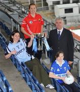 6 April 2009; Division 1 semi-finalists, from left, Denise Masterson, Dublin, Rena Buckley, Cork, and Emma McEvoy, Laois, with Ger Cunningham, Bord Gais Energy, at the draw for the Bord Gais Energy Ladies National Football League Semi-Finals.Croke Park, Dublin. Picture credit: Pat Murphy / SPORTSFILE