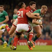19 September 2015; Luke Fitzgerald, Ireland, is tackled by Phil Mack, left and Ciaran Hearn, Canada. 2015 Rugby World Cup, Pool D, Ireland v Canada. Millennium Stadium, Cardiff, Wales. Picture credit: Brendan Moran / SPORTSFILE
