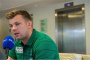 21 September 2015; Ireland's Jordi Murphy is interviewed during a press conference. Ireland Rugby Press Conference, 2015 Rugby World Cup, St George's Park, Burton-upon-Trent, England. Picture credit: Brendan Moran / SPORTSFILE