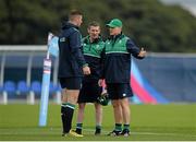 21 September 2015; Ireland's Robbie Henshaw in conversation with team physio Keith Fox, centre, and head coach Joe Schmidt during squad training. Ireland Rugby Squad Training, 2015 Rugby World Cup, St George's Park, Burton-upon-Trent, England. Picture credit: Brendan Moran / SPORTSFILE