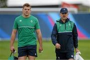 21 September 2015; Ireland's Jordi Murphy, left, arrives for squad training with assistant coach Les Kiss. Ireland Rugby Squad Training, 2015 Rugby World Cup, St George's Park, Burton-upon-Trent, England. Picture credit: Brendan Moran / SPORTSFILE