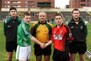 11 April 2009; Referee Pat McGovern and officials Pat Murphy and Haulie Bernie with captains Niall O'Shea, Colaiste na Sceilge, and Des Holton, St. Mary's. All-Ireland Colleges 'A' Senior Football Championship Final, Colaiste na Sceilge, Caherciveen, Co. Kerry, v St Mary's, Edenderry, Co. Offaly. O'Moore Park, Portlaoise, Co. Laois. Picture credit: Stephen McCarthy / SPORTSFILE