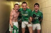 11 April 2009; Colaiste na Sceilge players, from left, Ian Casey, Damien Kelly and Shane O'Sullivan celebrate on their way to the dressing room. All-Ireland Colleges 'A' Senior Football Championship Final, Colaiste na Sceilge, Caherciveen, Co. Kerry, v St Mary's, Edenderry, Co. Offaly. O'Moore Park, Portlaoise, Co. Laois. Picture credit: Stephen McCarthy / SPORTSFILE