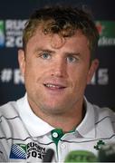 23 September 2015; Ireland's Jamie Heaslip speaking to journalists during a press conference. 2015 Rugby World Cup, Ireland Rugby Press Conference. St George's Park, Burton-upon-Trent, England. Picture credit: Brendan Moran / SPORTSFILE