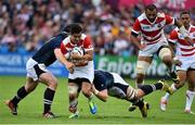 23 September 2015; Yu Tamura, Japan, is tackled by WP Nel, left, and David Denton, Scotland. 2015 Rugby World Cup, Pool B, Scotland v Japan. Kingsholm Stadium, Gloucester, England. Picture credit: Ramsey Cardy / SPORTSFILE