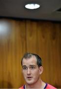 26 September 2015; Ireland's Devin Toner speaks to journalists during the pre-match press conference. Ireland Rugby Press Conference, 2015 Rugby World Cup, Wembley Stadium, Wembley, London, England. Picture credit: Brendan Moran / SPORTSFILE