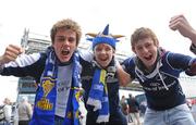 2 May 2009; Leinster fans Max Kavanagh, Tom Gibbs and James Glenn-Craigie, all from Dublin, arrive for the match. Heineken Cup Semi-Final, Munster v Leinster, Croke Park, Dublin. Picture credit: Matt Browne / SPORTSFILE