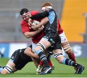 2 October 2015; James Cronin, Munster, is tackled by Rob Harley and Scott Cummings, Glasgow Warriors. Guinness PRO12, Round 3, Munster v Glasgow Warriors, Thomond Park, Limerick. Picture credit: Matt Browne / SPORTSFILE