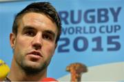 3 October 2015; Ireland scrum-half Conor Murray speaks to the media during a press conference. Ireland Rugby Press Conference, 2015 Rugby World Cup, Olympic Stadium, Stratford, London, England. Picture credit: Brendan Moran / SPORTSFILE