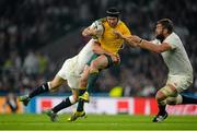 3 October 2015; Matt Giteau, Australia, is tackled by Owen Farrell, left and Geoff Parling, England. 2015 Rugby World Cup, Pool A, England v Australia, Twickenham Stadium, London, England.1510020