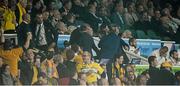 3 October 2015; England head coach Stuart Lancaster, 2nd from right, reacts as the Australian management celebrate the final whistle. 2015 Rugby World Cup, Pool A, England v Australia, Twickenham Stadium, London, England. Picture credit: Brendan Moran / SPORTSFILE