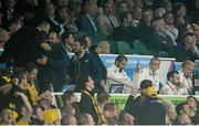 3 October 2015; England head coach Stuart Lancaster, 3rd from right, looks on as the Australian management celebrate the final whistle. 2015 Rugby World Cup, Pool A, England v Australia, Twickenham Stadium, London, England. Picture credit: Brendan Moran / SPORTSFILE