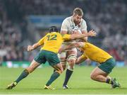 3 October 2015; Geoff Parlings, England, is tackled by Matt Giteau, left, and Michael Hooper, Australia. 2015 Rugby World Cup, Pool A, England v Australia, Twickenham Stadium, London, England. Picture credit: John Dickson / SPORTSFILE