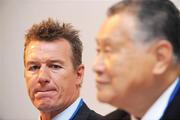 13 May 2009; Japan head coach John Kirwan looks on while President of the Japanese Rugby Football Union and former Japanese Prime Minister Yoshiro Mori, right, speaks at a press conference during the Rugby World Cup 2015/2019 Tender Union Presentations. Royal College of Physicians, Kildare St, Dublin. Picture credit: Pat Murphy / SPORTSFILE