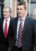 13 May 2009; Munster's Alan Quinlan, right, along with Munster PRO Pat Geraghty, arrive ahead of his ERC independent Disciplinary Committee hearing. ERC Offices, Huguenot House, Stephen's Green, Dublin. Picture credit: Diarmuid Greene / SPORTSFILE