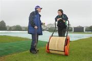 14 May 2009; Ireland captain Kyle McCallan and grounds man Alan Delany in conversation after rain delayed play against Leicestershire. Friends Provident Trophy, Ireland v Leicestershire, Castle Avenue, Clontarf, Dublin. Picture credit: Pat Murphy / SPORTSFILE