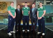 14 May 2009; At the Ireland U20 rugby squad announcement for upcoming IRB Junior World Championship are players from left, Jack McGrath, Peter O'Mahony, and Michael Keating, along with head coach Allen Clarke, left, and Ronan Murphy, senior partner, PriceWaterhouseCoopers. PriceWaterhouseCoopers, North Wall Quay, Dublin. Picture credit: Diarmuid Greene / SPORTSFILE
