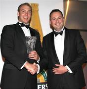 14 May 2009; Ulster's Stephen Ferris, left, receives the Magners Rugby Writers Award from Gavan Morris, Magners Marketing Manager, during the Ulster Rugby Awards 08:09 at the Ramada Hotel Belfast, Co. Antrim. Picture credit: John Dickson / SPORTSFILE *** Local Caption ***
