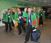 11 May 2009; Members of the Tullamore Special Olympics Club, from left to right, Patrick Moore, Keith McCormack, Dessie Ganouge, Keith Murray and Paul Byrne pictured at Dublin Airport on their return from the Special Olympics European Football Tournament in Lisbon. The team, who represented Ireland, took second place in the 7-a-side Football tournament which featured 24 teams from 24 National Special Olympics Programmes in Europe/Eurasia. Dublin Airport, Dublin. Picture credit: David Maher / SPORTSFILE