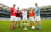 13 May 2009; Tyrone's 2008 All-Ireland winning captain Brian Dooher, centre, brought the Sam Maguire trophy back to Croke Park, in the company of 4 rival team captains representing the 4 provincial winners from last year, from left, Graham Canty, Cork, Damien Burke, Galway, Ciaran McKeever, Armagh and Paul Griffin, Dublin, ahead of the 2009 '125 Year' GAA Football All-Ireland Senior Championship. Croke Park, Dublin. Picture credit: Diarmuid Greene / SPORTSFILE
