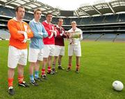 13 May 2009; Tyrone's 2008 All-Ireland winning captain Brian Dooher, centre, brought the Sam Maguire trophy back to Croke Park, in the company of 4 rival team captains representing the 4 provincial winners from last year, from left, Ciaran McKeever, Armagh, Paul Griffin, Dublin, Graham Canty, Cork, and Damien Burke, Galway, ahead of the 2009 '125 Year' GAA Football All-Ireland Senior Championship. Croke Park, Dublin. Picture credit: Diarmuid Greene / SPORTSFILE