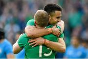 4 October 2015; Keith Earls, Ireland, 13, is congratulated by team-mate Conor Murray after scoring his side's first try. 2015 Rugby World Cup, Pool D, Ireland v Italy. Olympic Stadium, Stratford, London, England. Picture credit: Stephen McCarthy / SPORTSFILE
