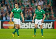 4 October 2015; Ireland centres Robbie Henshaw, left, and Keith Earls, during the game. 2015 Rugby World Cup, Pool D, Ireland v Italy, Olympic Stadium, Stratford, London, England. Picture credit: Brendan Moran / SPORTSFILE