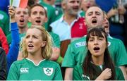 4 October 2015; Ireland supporters Anita Ryan, from Malahide, Dublin, left, and Helen Hughes, from Emyvale, Co. Monaghan, during Ireland's Call. 2015 Rugby World Cup, Pool D, Ireland v Italy. Olympic Stadium, Stratford, London, England. Picture credit: Stephen McCarthy / SPORTSFILE