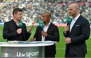 4 October 2015; Former Ireland international Brian O'Driscoll, left, in conversation with former Australia international George Gregan, centre, and former England international Lawrence Dallaglio during their role as TV analysts for ITV. 2015 Rugby World Cup, Pool D, Ireland v Italy, Olympic Stadium, Stratford, London, England. Picture credit: Brendan Moran / SPORTSFILE