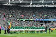 4 October 2015; The Ireland team stand for the national anthem before the game. 2015 Rugby World Cup, Pool D, Ireland v Italy, Olympic Stadium, Stratford, London, England. Picture credit: Brendan Moran / SPORTSFILE