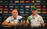 5 October 2015; Ireland team manager Michael Kearney and Jonathan Sexton during a press conference. Ireland Rugby Press Conference, 2015 Rugby World Cup. Marriott West India Quay, London, England. Picture credit: Brendan Moran / SPORTSFILE