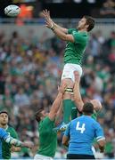 4 October 2015; Iain Henderson, Ireland, wins a lineout. 2015 Rugby World Cup, Pool D, Ireland v Italy, Olympic Stadium, Stratford, London, England. Picture credit: Brendan Moran / SPORTSFILE