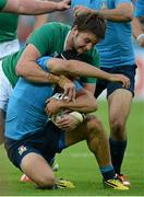 4 October 2015; Edoardo Gori, Italy, is tackled by Iain Henderson, Ireland. 2015 Rugby World Cup, Pool D, Ireland v Italy, Olympic Stadium, Stratford, London, England. Picture credit: Brendan Moran / SPORTSFILE