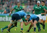 4 October 2015; Dave Kearney, Ireland, is tackled by Simone Favaro, left, and Michele Campagnaro, Italy. 2015 Rugby World Cup, Pool D, Ireland v Italy, Olympic Stadium, Stratford, London, England. Picture credit: Brendan Moran / SPORTSFILE