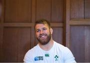 6 October 2015; Ireland's Sean O'Brien speaking to the media during a press conference. Ireland Rugby Press Conference, 2015 Rugby World Cup, Celtic Manor Resort, Newport, Wales. Picture credit: Brendan Moran / SPORTSFILE