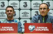 7 October 2015; Republic of Ireland manager Martin O'Neill and Robbie Keane during a press conference. Republic of Ireland Press Conference, FAI National Training Centre, National Sports Campus, Abbotstown, Dublin. Picture credit: David Maher / SPORTSFILE