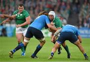 4 October 2015; Rory Best, Ireland, is tackled by Josh Furno, left, and Davide Giazzon, Italy. 2015 Rugby World Cup, Pool D, Ireland v Italy. Olympic Stadium, Stratford, London, England. Picture credit: Stephen McCarthy / SPORTSFILE