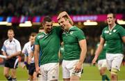 11 October 2015; Rob Kearney, left, and Tommy Bowe, Ireland, following their side's victory. 2015 Rugby World Cup Pool D, Ireland v France. Millennium Stadium, Cardiff, Wales. Picture credit: Stephen McCarthy / SPORTSFILE