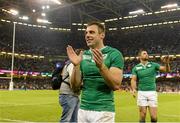 11 October 2015; Ireland's Tommy Bowe celebrates after the final whistle. 2015 Rugby World Cup Pool D, Ireland v France. Millennium Stadium, Cardiff, Wales. Picture credit: Brendan Moran / SPORTSFILE