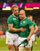 11 October 2015; Ireland's Luke Fitzgerald, left, and Richardt Strauss following their side's victory. 2015 Rugby World Cup Pool D, Ireland v France. Millennium Stadium, Cardiff, Wales. Picture credit: Stephen McCarthy / SPORTSFILE